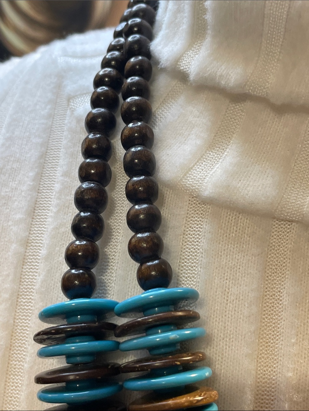 Turquoise and Brown Double Wooded Strand Bead Necklace - Picture 3 of 5